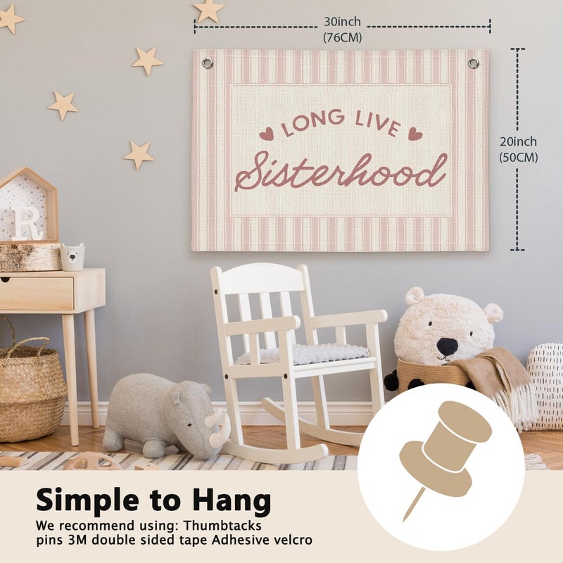 ETVISO Long Live Sisterhood Preppy Pink Striped Girls Room Decor - Linen Banner Wall Hanging Canvas Banner Flag Decor for Toddler Girly Bedroom Playroom Nursery Dorm Apartment - Image 2